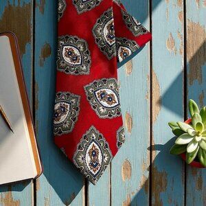 Vintage Halston Men's Red Silk Medallion Pattern Professional‎ Career Necktie